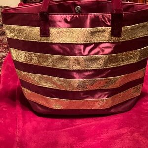 Chic Burgundy and Gold Striped Tote Bag